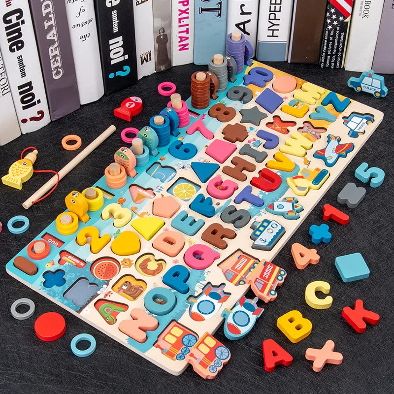 QWZ Jouets Éducatifs Montessori en Bois pour Enfants - Tableau d'Activités Mathématiques avec Formes, Couleurs et Puzzle de Pêche