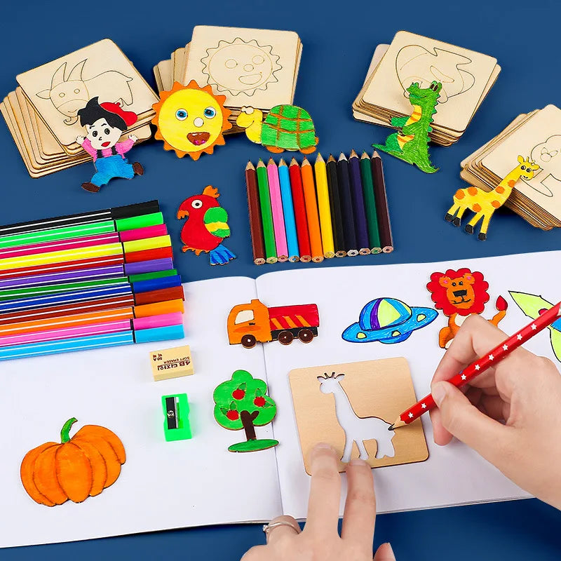Lot de 20 Pochoirs en Bois – Dessin & Coloriage | 3-12 ans