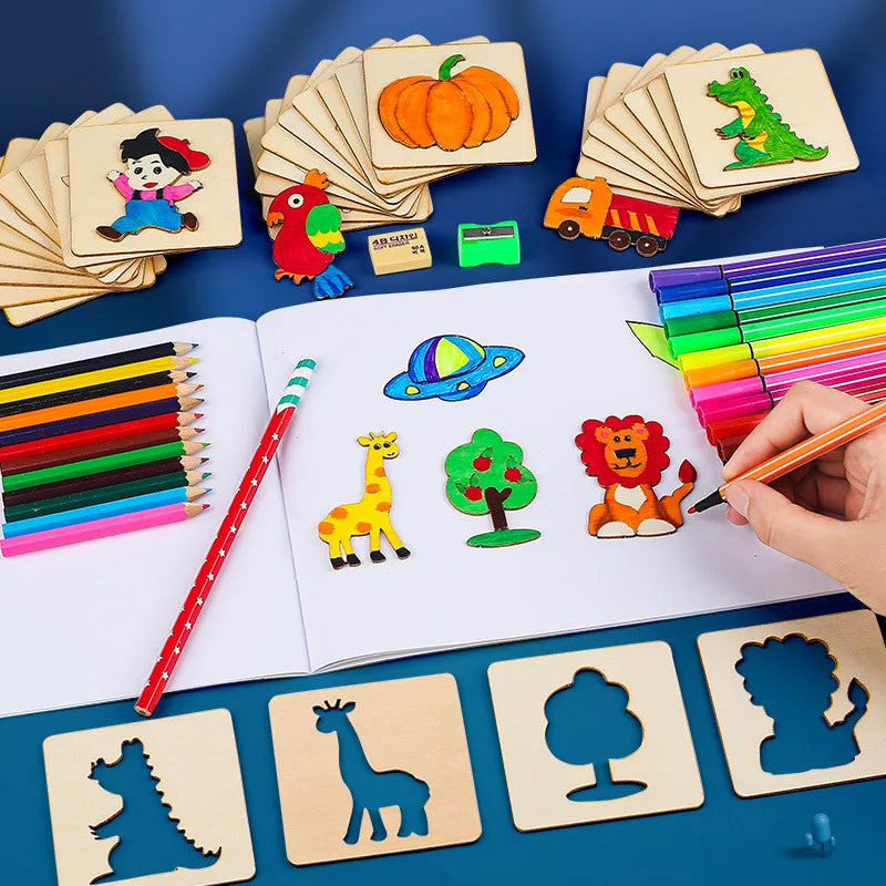 Lot de 20 Pochoirs en Bois – Dessin & Coloriage | 3-12 ans