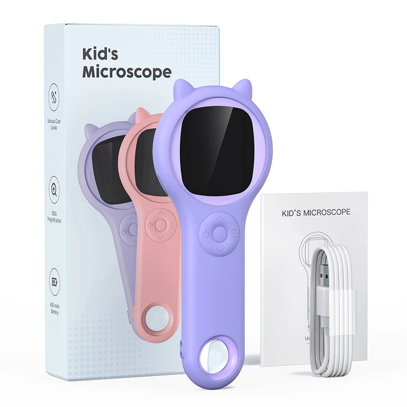 Microscope Numérique de Poche 500x pour Enfants avec Écran IPS 2" et Mode Jeu - 8 LED