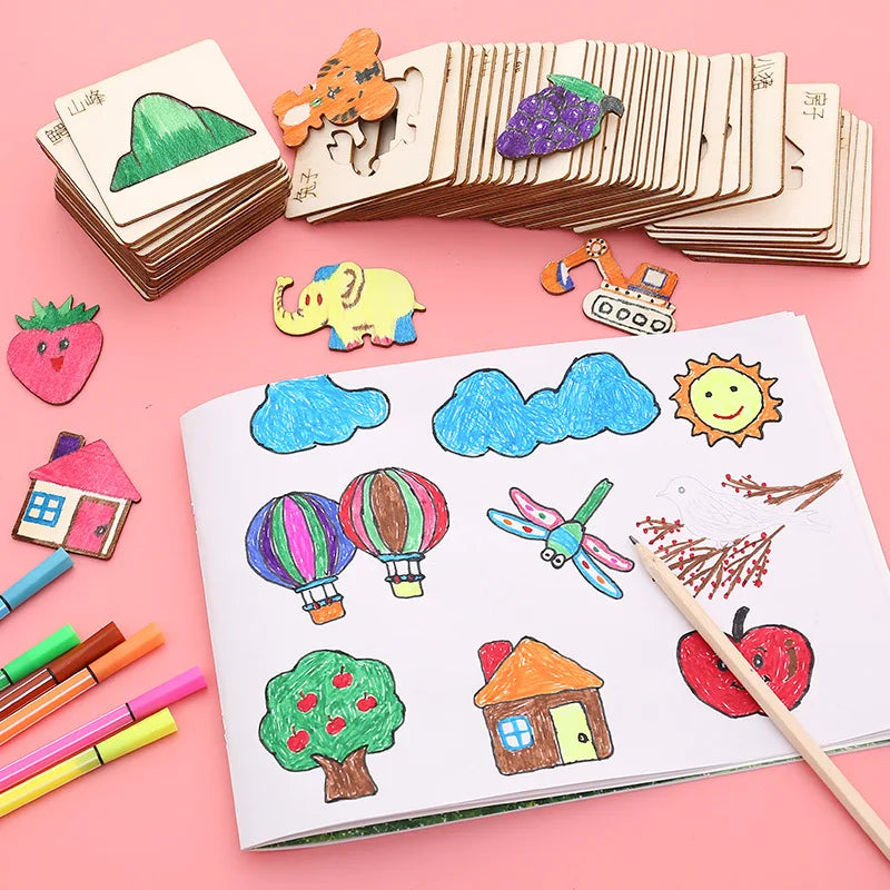 Lot de 20 Pochoirs en Bois – Dessin & Coloriage | 3-12 ans