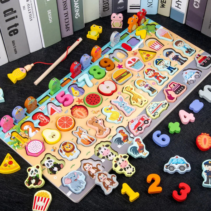 QWZ Jouets Éducatifs Montessori en Bois pour Enfants - Tableau d'Activités Mathématiques avec Formes, Couleurs et Puzzle de Pêche