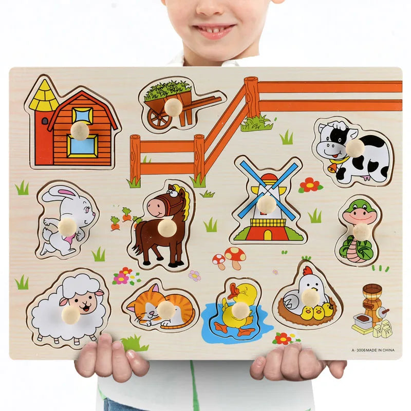 Puzzle Montessori en Bois – Animaux, Fruits & Formes Géométriques | Jouet Éducatif 3-6 ans