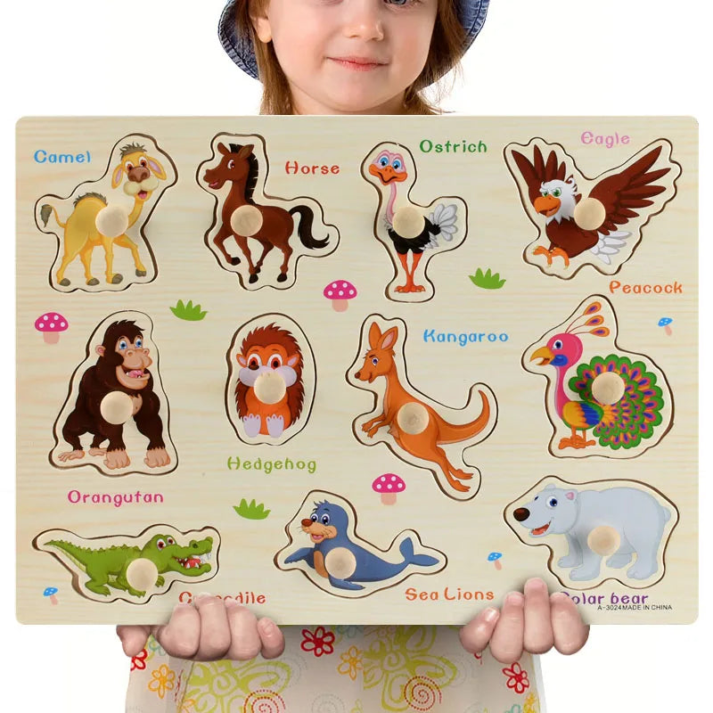 Puzzle Montessori en Bois – Animaux, Fruits & Formes Géométriques | Jouet Éducatif 3-6 ans