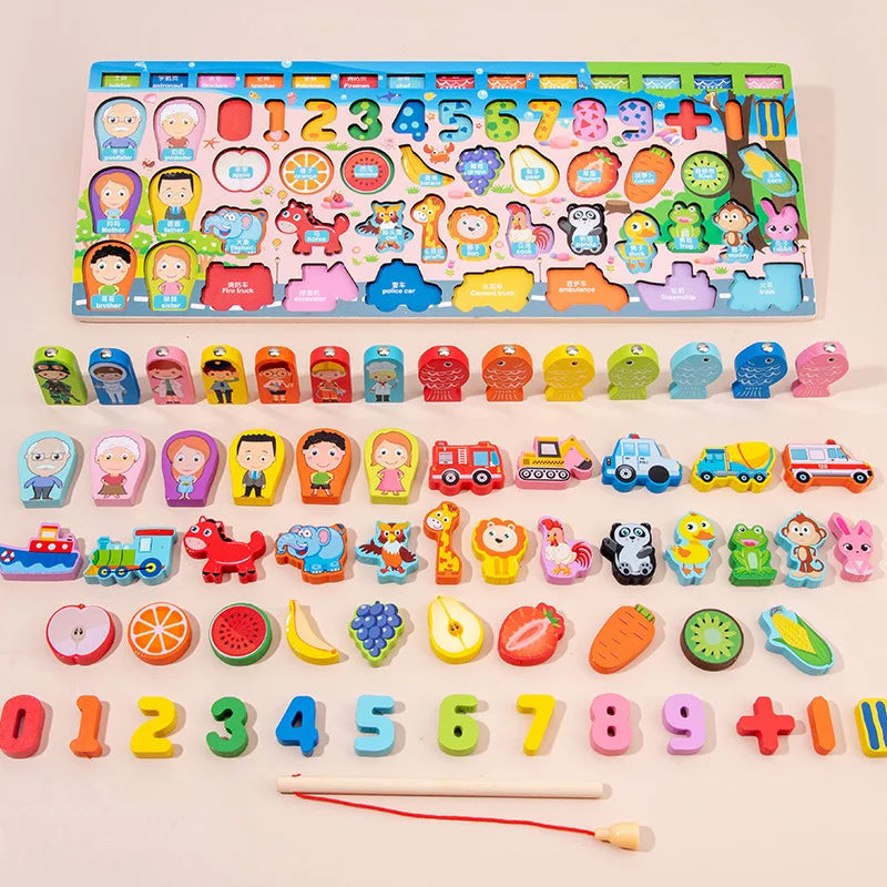 QWZ Jouets Éducatifs Montessori en Bois pour Enfants - Tableau d'Activités Mathématiques avec Formes, Couleurs et Puzzle de Pêche