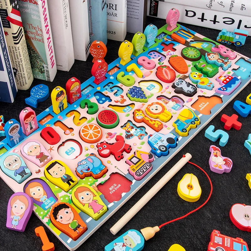 QWZ Jouets Éducatifs Montessori en Bois pour Enfants - Tableau d'Activités Mathématiques avec Formes, Couleurs et Puzzle de Pêche