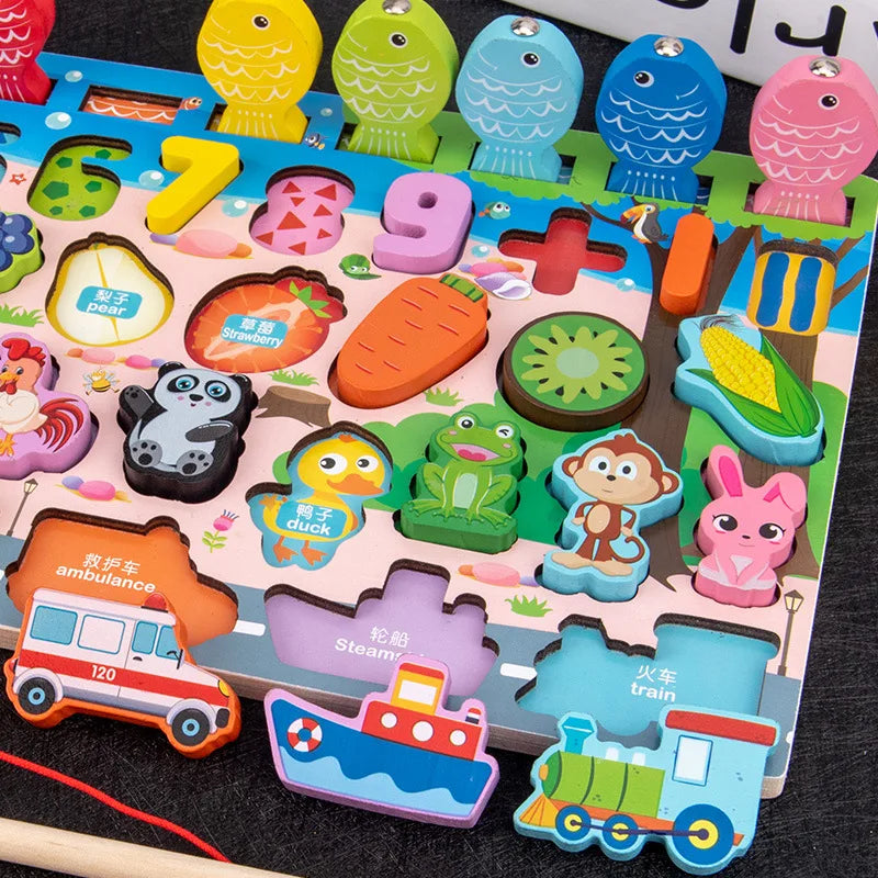 QWZ Jouets Éducatifs Montessori en Bois pour Enfants - Tableau d'Activités Mathématiques avec Formes, Couleurs et Puzzle de Pêche