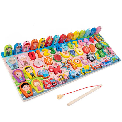 QWZ Jouets Éducatifs Montessori en Bois pour Enfants - Tableau d'Activités Mathématiques avec Formes, Couleurs et Puzzle de Pêche