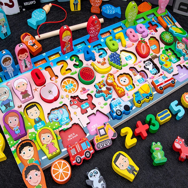 QWZ Jouets Éducatifs Montessori en Bois pour Enfants - Tableau d'Activités Mathématiques avec Formes, Couleurs et Puzzle de Pêche