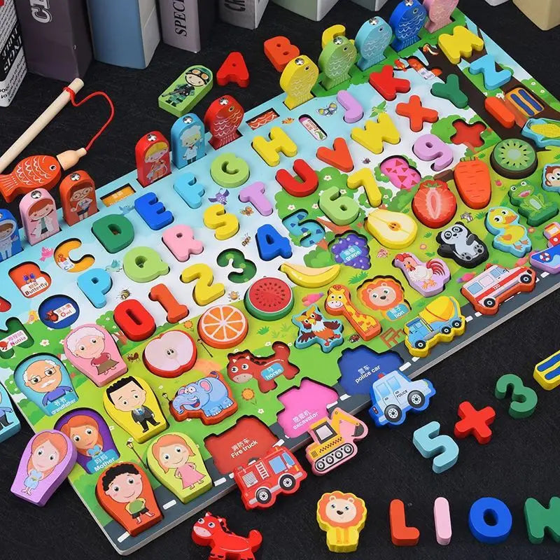QWZ Jouets Éducatifs Montessori en Bois pour Enfants - Tableau d'Activités Mathématiques avec Formes, Couleurs et Puzzle de Pêche
