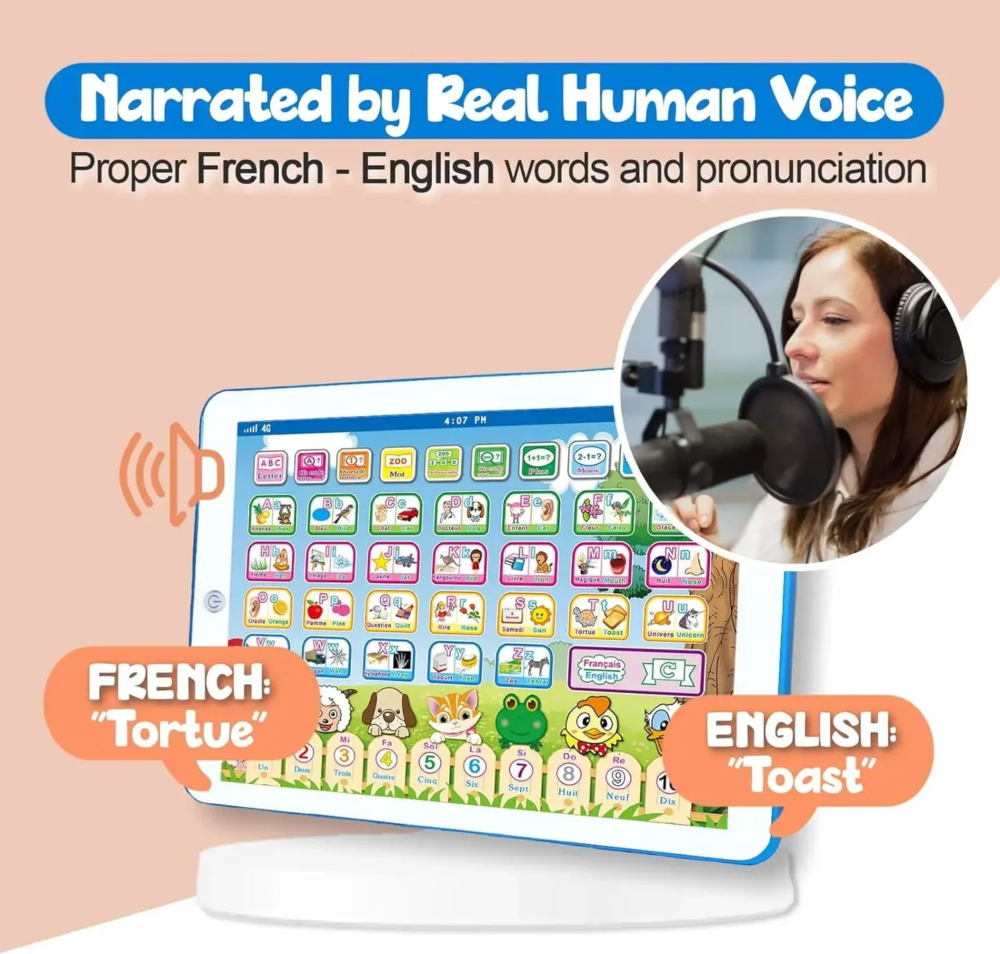 Tablette Bilingue Français-Anglais Montessori – Alphabet, Maths & Musique | Éveil 6-12 ans