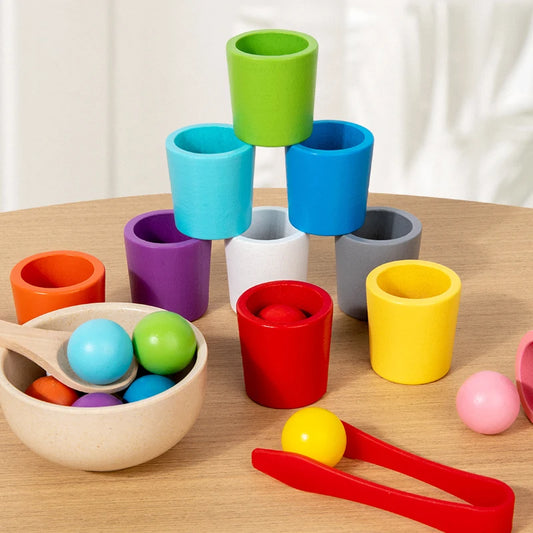 Jeu de Tri & Classement Couleurs Montessori en Bois – Tasses, Billes & Cuillère | Éveil 3-6 ans