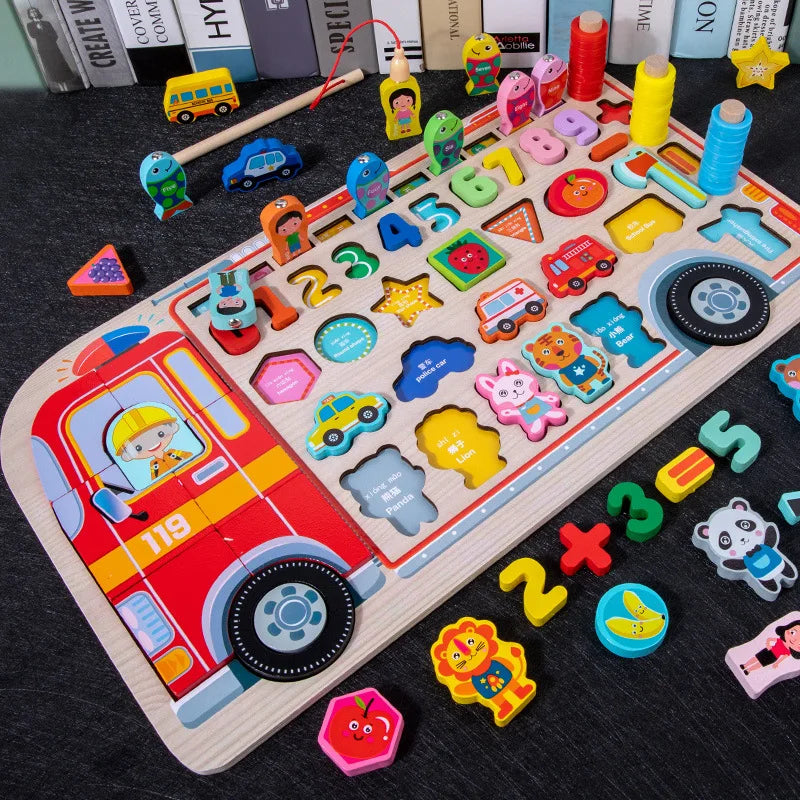 QWZ Jouets Éducatifs Montessori en Bois pour Enfants - Tableau d'Activités Mathématiques avec Formes, Couleurs et Puzzle de Pêche