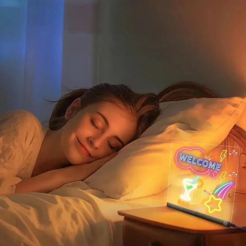 Tableau Lumineux LED Acrylique – Ardoise Magique Effaçable avec 7 Feutres Couleurs et Support