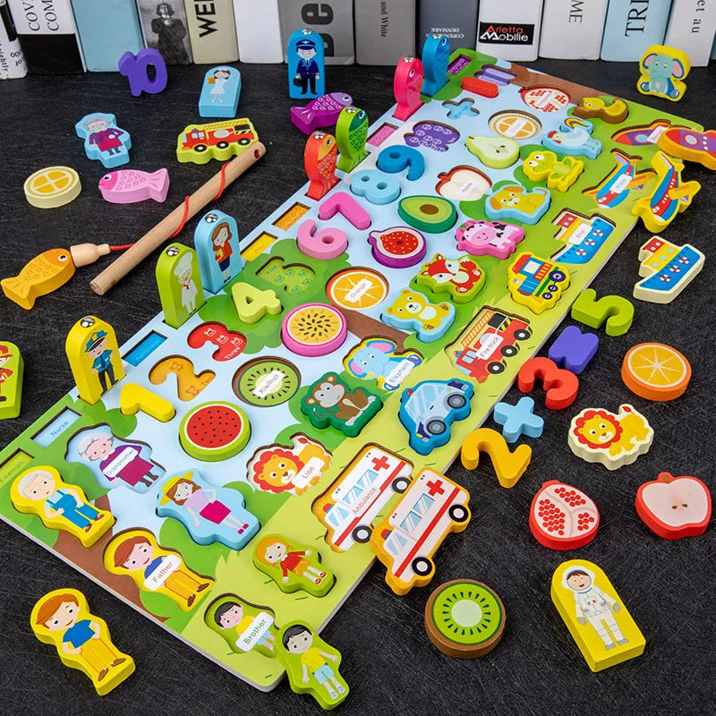 QWZ Jouets Éducatifs Montessori en Bois pour Enfants - Tableau d'Activités Mathématiques avec Formes, Couleurs et Puzzle de Pêche