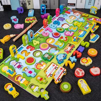 QWZ Jouets Éducatifs Montessori en Bois pour Enfants - Tableau d'Activités Mathématiques avec Formes, Couleurs et Puzzle de Pêche