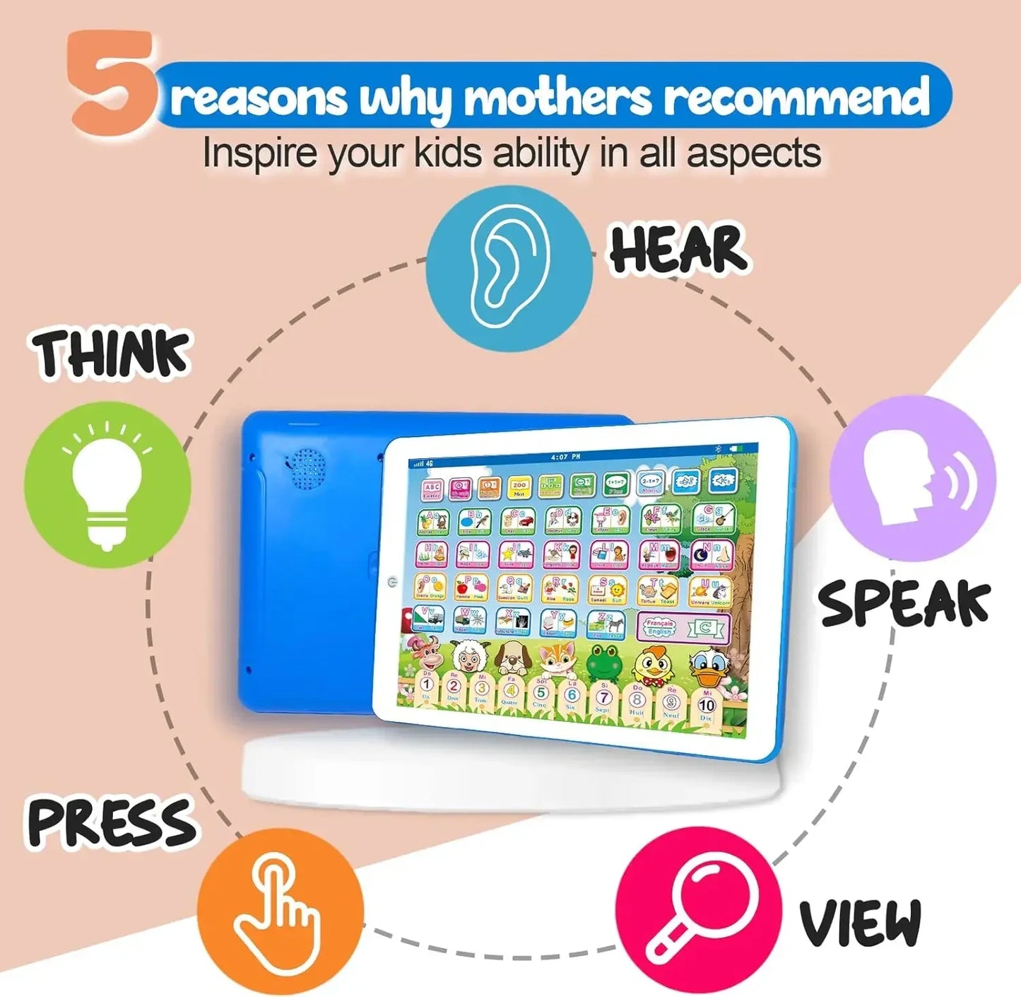 Tablette Bilingue Français-Anglais Montessori – Alphabet, Maths & Musique | Éveil 6-12 ans