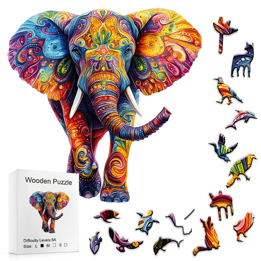 Puzzle Éléphant Coloré en Bois pour Adultes – Casse-Tête Animal Irrégulier avec Design Artistique Décoratif