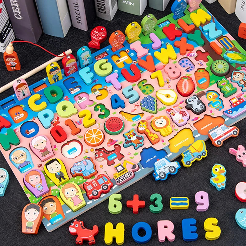 QWZ Jouets Éducatifs Montessori en Bois pour Enfants - Tableau d'Activités Mathématiques avec Formes, Couleurs et Puzzle de Pêche