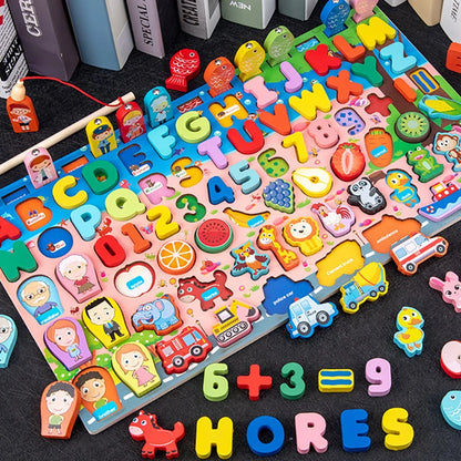QWZ Jouets Éducatifs Montessori en Bois pour Enfants - Tableau d'Activités Mathématiques avec Formes, Couleurs et Puzzle de Pêche