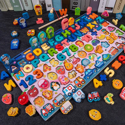 QWZ Jouets Éducatifs Montessori en Bois pour Enfants - Tableau d'Activités Mathématiques avec Formes, Couleurs et Puzzle de Pêche