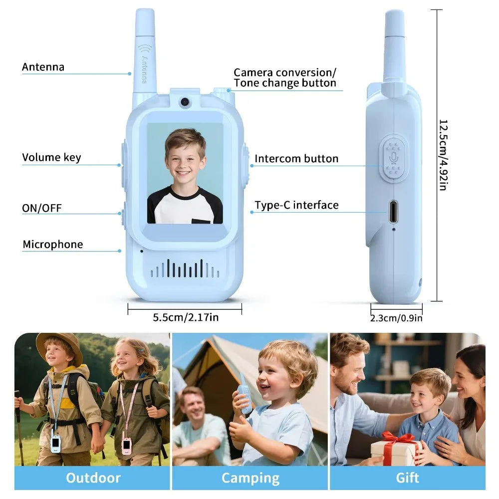 Talkie-Walkie Vidéo Enfant Rechargeable – Pack de 2 avec Écran | Appel en 1 Clic | Camping & Voyage