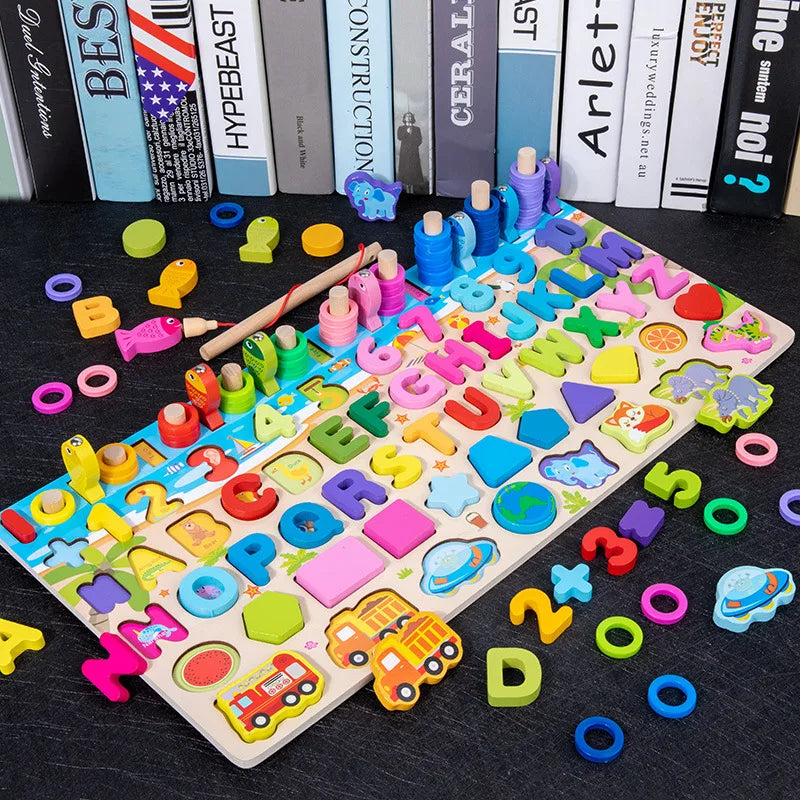 QWZ Jouets Éducatifs Montessori en Bois pour Enfants - Tableau d'Activités Mathématiques avec Formes, Couleurs et Puzzle de Pêche