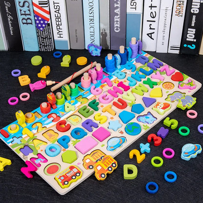 QWZ Jouets Éducatifs Montessori en Bois pour Enfants - Tableau d'Activités Mathématiques avec Formes, Couleurs et Puzzle de Pêche