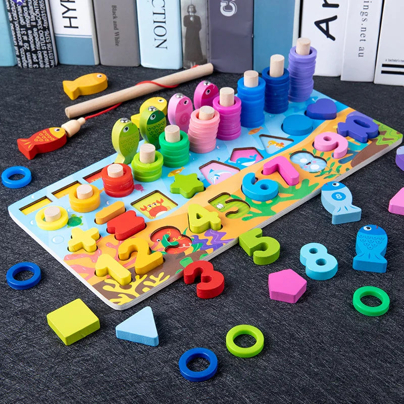 QWZ Jouets Éducatifs Montessori en Bois pour Enfants - Tableau d'Activités Mathématiques avec Formes, Couleurs et Puzzle de Pêche