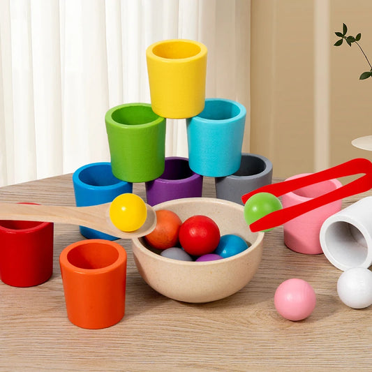Jeu de Tri & Classement Couleurs Montessori en Bois – Tasses, Billes & Cuillère | Éveil 3-6 ans