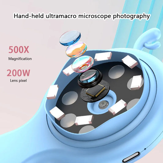 Microscope Numérique de Poche 500x pour Enfants avec Écran IPS 2" et Mode Jeu - 8 LED