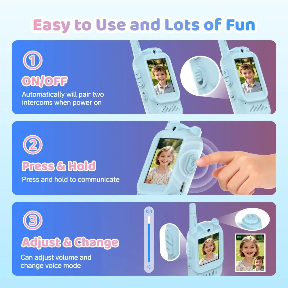 Talkie-Walkie Vidéo Enfant Rechargeable – Pack de 2 avec Écran | Appel en 1 Clic | Camping & Voyage