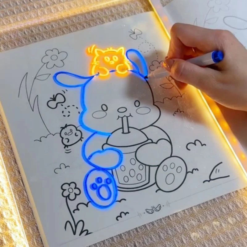 Tableau Lumineux LED Acrylique – Ardoise Magique Effaçable avec 7 Feutres Couleurs et Support